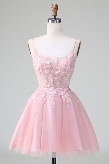 Vestido de cóctel corto de corte A de tul con apliques de rubor princesa